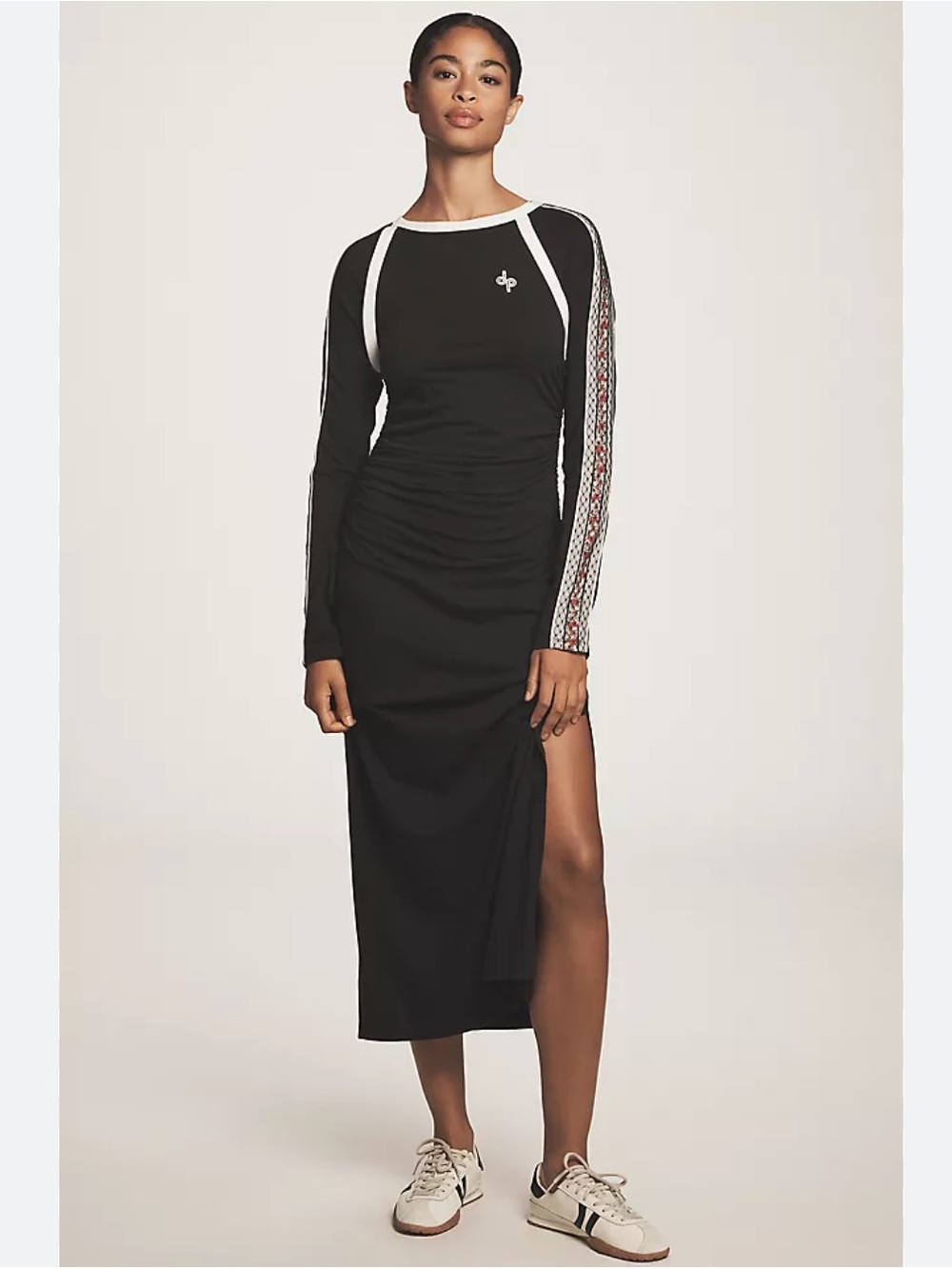 Anthropologie Daily Practice Long Sleeve Ruched Black Onyx Multi Midi dress Med